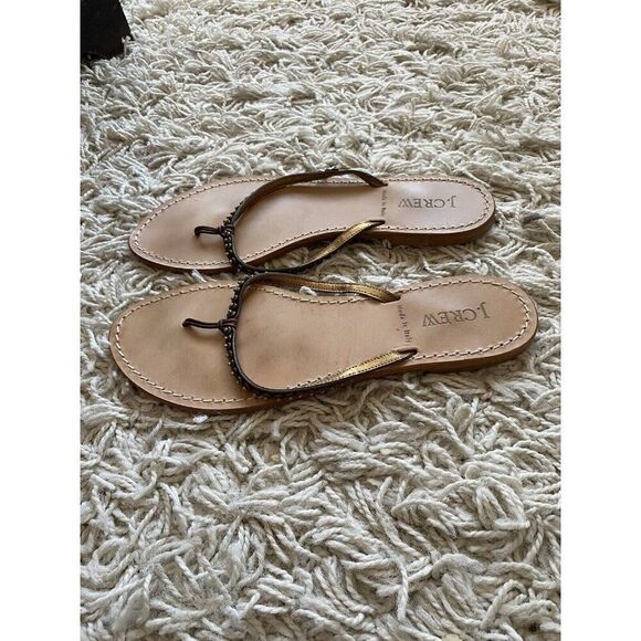 J. Crew Sandals Flip Flops J.Crew 8 Gold Brown Leather Beaded - Picture 1 of 4